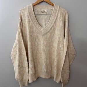 Vintage Winona Knits Womens XL Cream V-Neck Sweater Textured Leaf USA Made